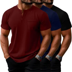 Riyiper 3 Pack Men's Big and Tall Henley T-Shirts, Short Sleeve Pocket Cotton Loose Fit Shirt Summer Oversized Button Tee