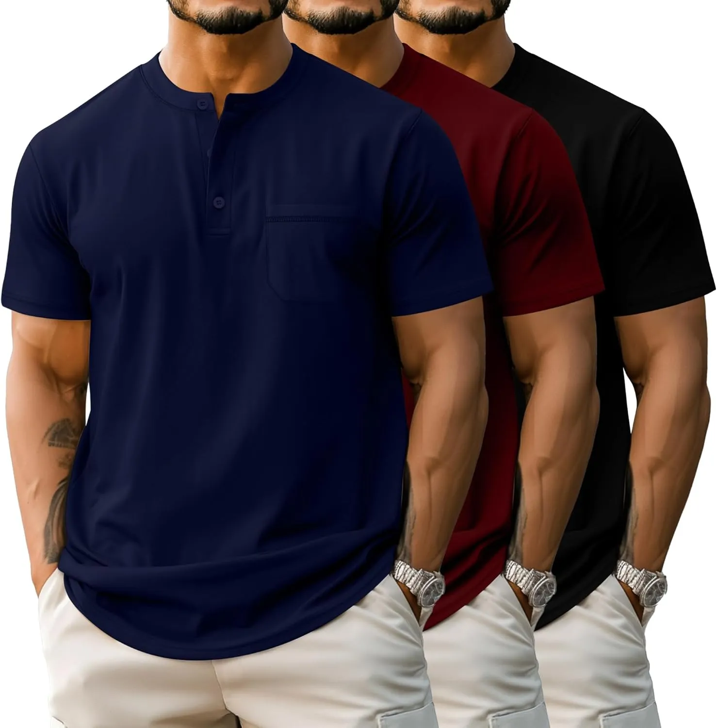 Riyiper 3 Pack Men's Big and Tall Henley T-Shirts, Short Sleeve Pocket Cotton Loose Fit Shirt Summer Oversized Button Tee