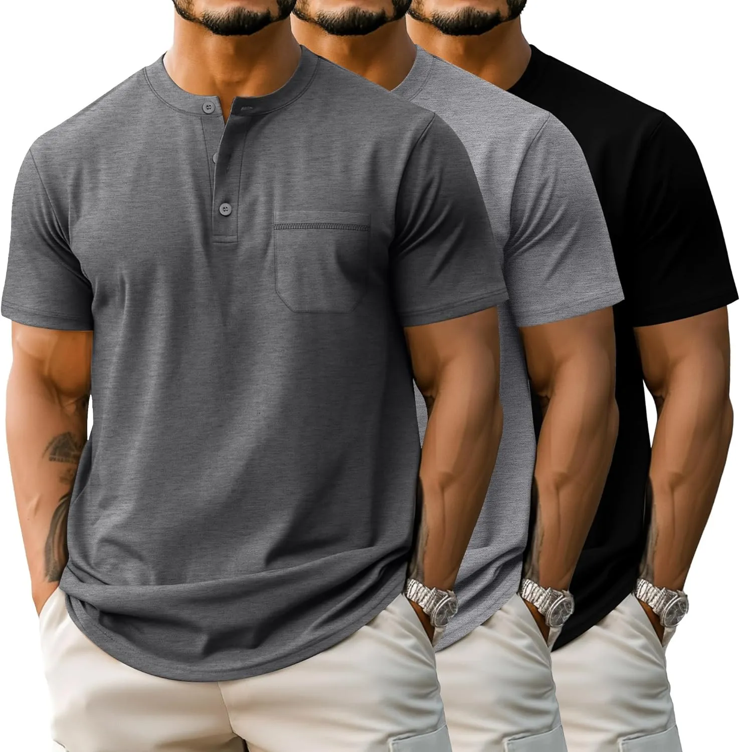 Riyiper 3 Pack Men's Big and Tall Henley T-Shirts, Short Sleeve Pocket Cotton Loose Fit Shirt Summer Oversized Button Tee