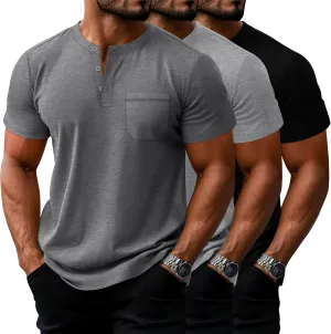 Riyiper 3 Pack Men's Big and Tall Henley T-Shirts, Short Sleeve Pocket Cotton Loose Fit Shirt Summer Oversized Button Tee