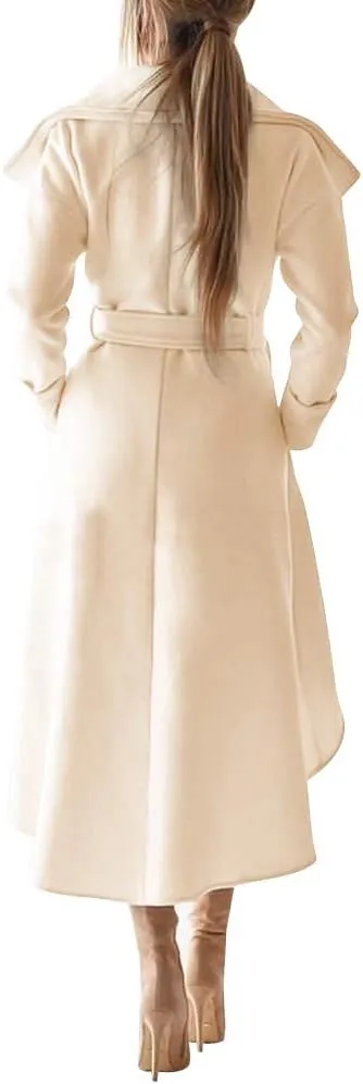 SAUKOLE Women's Winter Wool Trench Coat Wrap Large Collar High Low Jacket Outwear with Belt