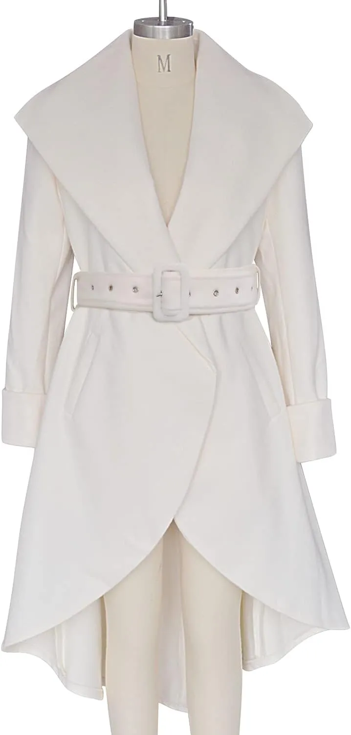 SAUKOLE Women's Winter Wool Trench Coat Wrap Large Collar High Low Jacket Outwear with Belt
