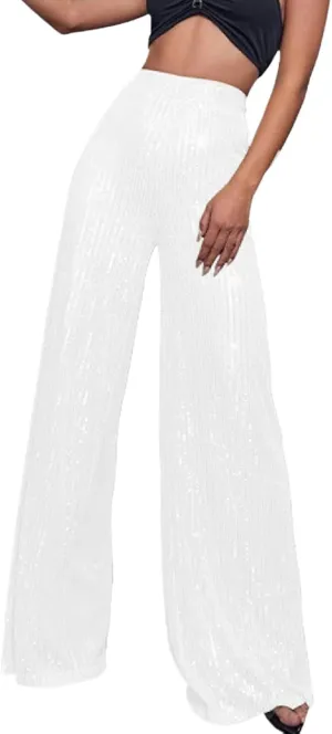 Sequin Pants for Women Sparkly Glitter Baggy Flowy High Waist Wide Leg Palazzo Trousers Party Club Bling Leggings