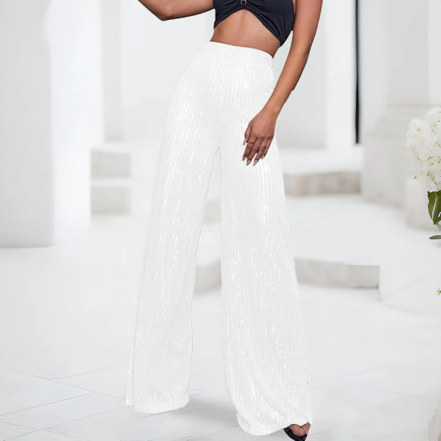 Sequin Pants for Women Sparkly Glitter Baggy Flowy High Waist Wide Leg Palazzo Trousers Party Club Bling Leggings