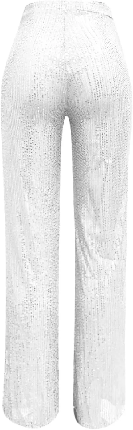 Sequin Pants for Women Sparkly Glitter Baggy Flowy High Waist Wide Leg Palazzo Trousers Party Club Bling Leggings