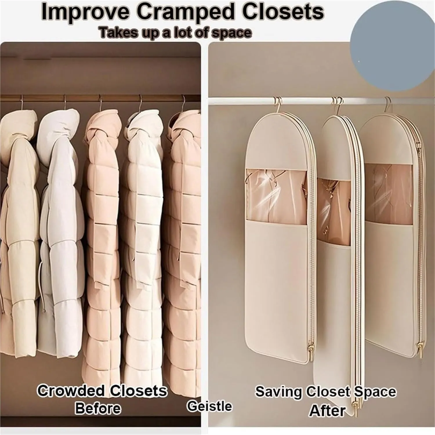 Space Saving Hanging Garment Bag with Self Compression Zipper, 2025 New Space Saving Hanging Protector, Otherwisie Space Saver Hanging Garment Bags for Closet Storage(White,2PCS-S)