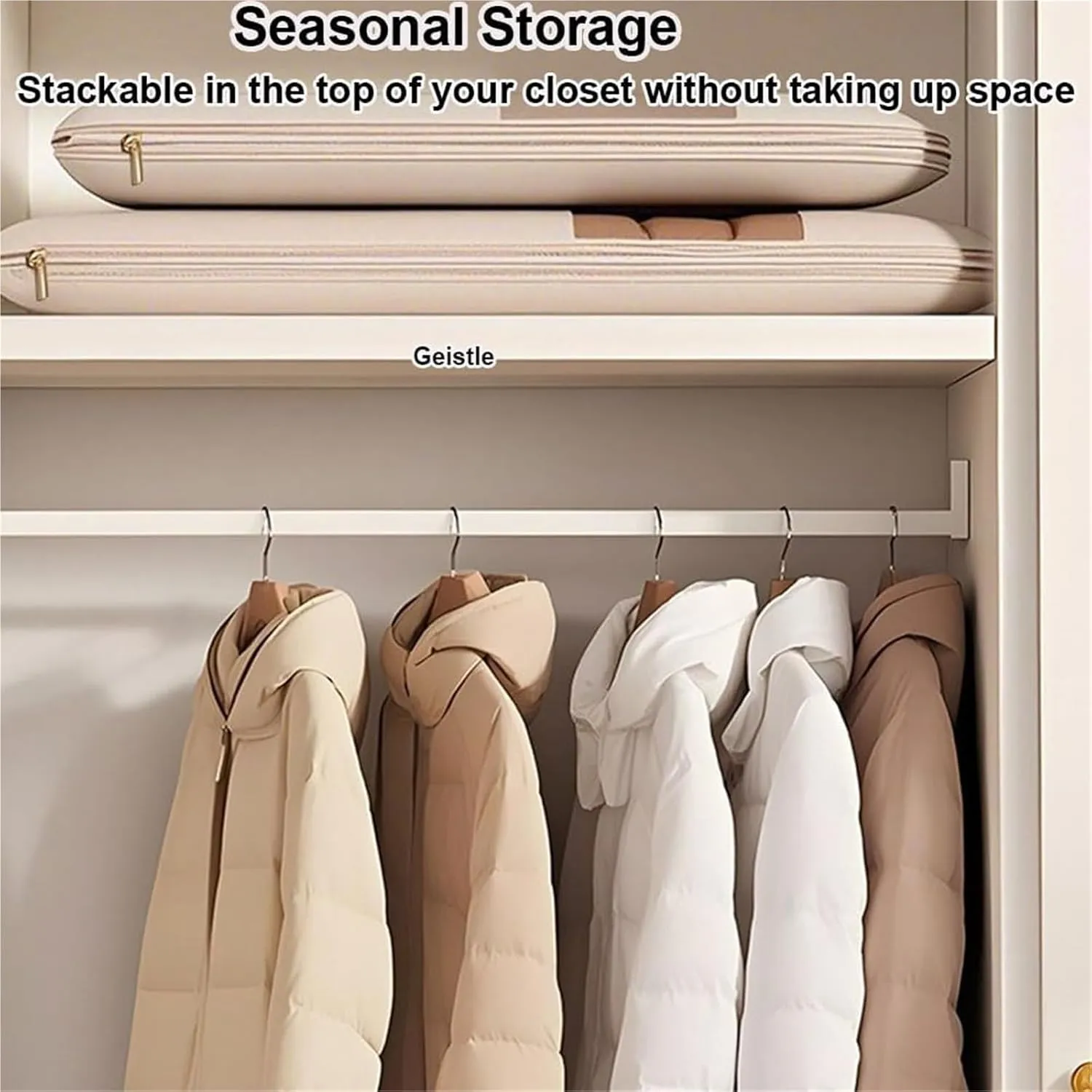 Space Saving Hanging Garment Bag with Self Compression Zipper, 2025 New Space Saving Hanging Protector, Otherwisie Space Saver Hanging Garment Bags for Closet Storage(White,2PCS-S)