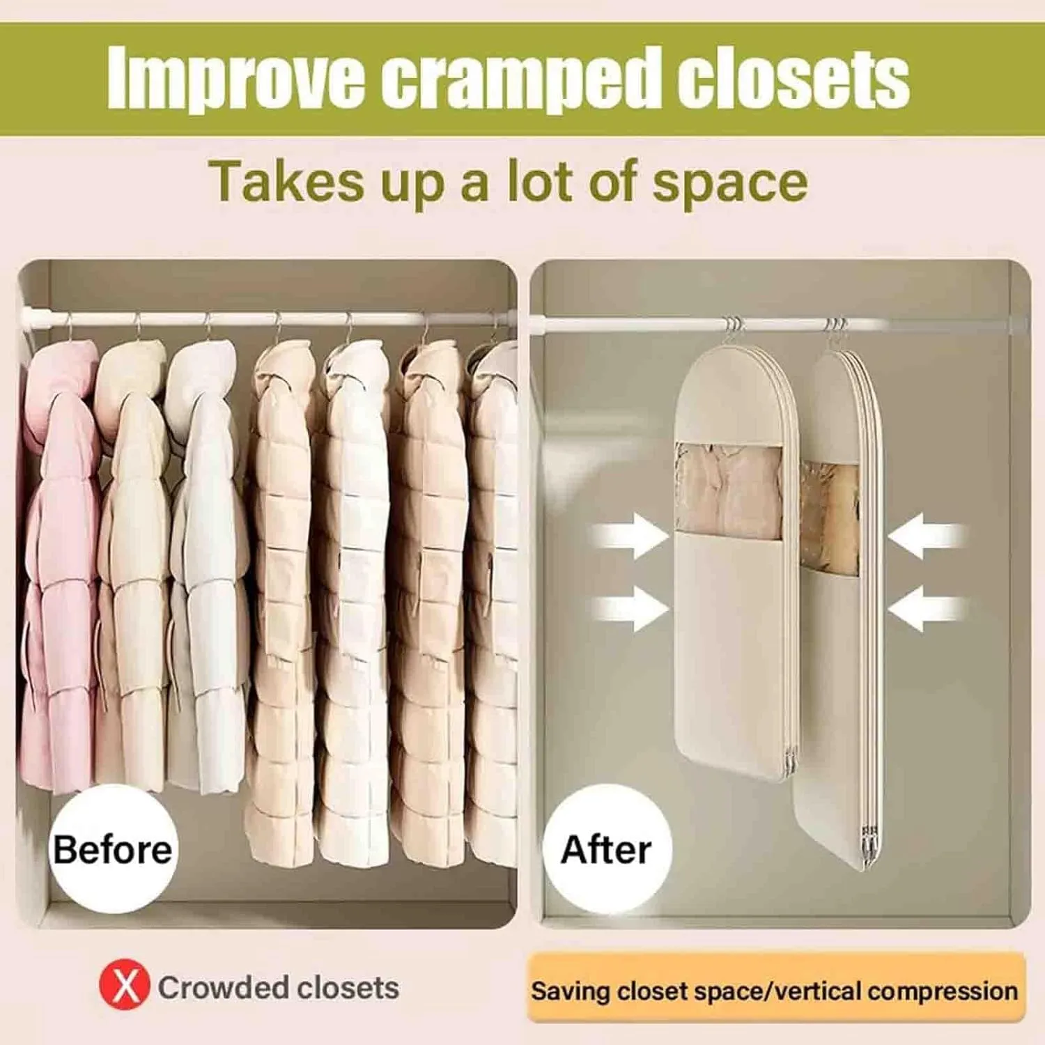 Space Saving Hanging Garment Bag with Self Compression Zipper, Garment Bags for Travel, 35/43/51in Garment Bags for Hanging Clothes, Coats, Jackets, Shirts (Beige, 35IN)