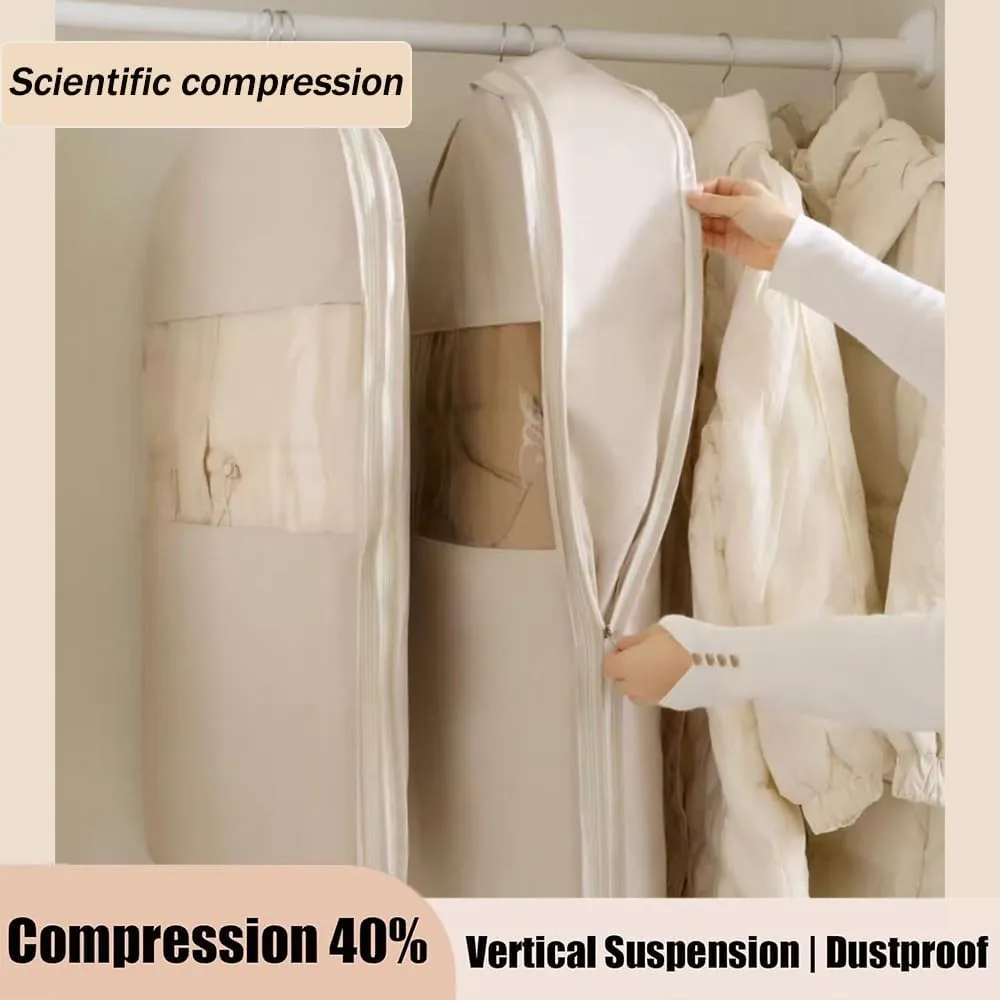 Space Saving Hanging Garment Bag with Self Compression Zipper, Garment Bags for Travel, 35/43/51in Garment Bags for Hanging Clothes, Coats, Jackets, Shirts (Beige, 35IN)