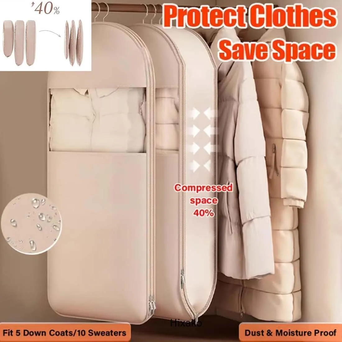 Space Saving Hanging Garment Bag With Self Compression Zipper,Down Jackets, Suits, Skirts, Dust And Moisture Proof, Neatly Hanging For Closet Storage,Down Coat Compression (Pink, M)