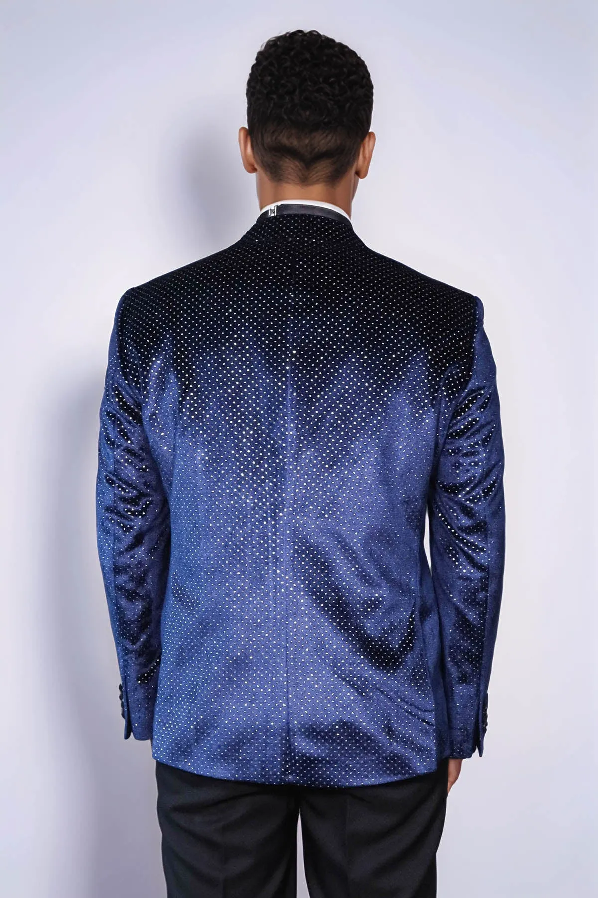 Sparkling Dotted Peak Lapel Men's Navy Blue Tuxedo Jacket - Wessi