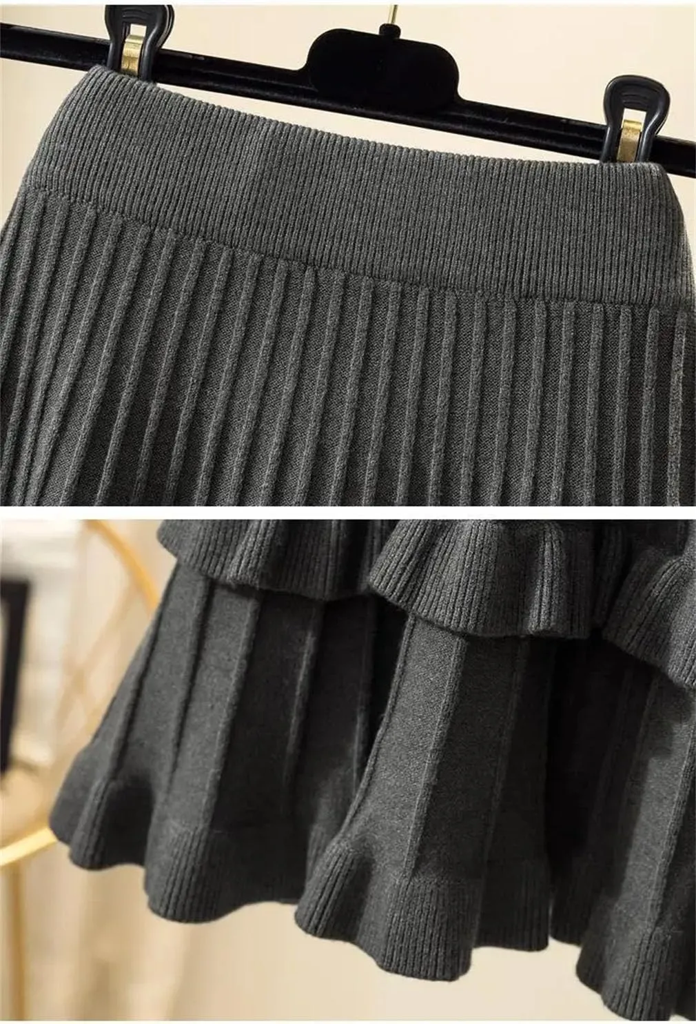 Spring Women Solid Elastic High Waist Ruffles Slim A-Line Knitted Pleated Skirt