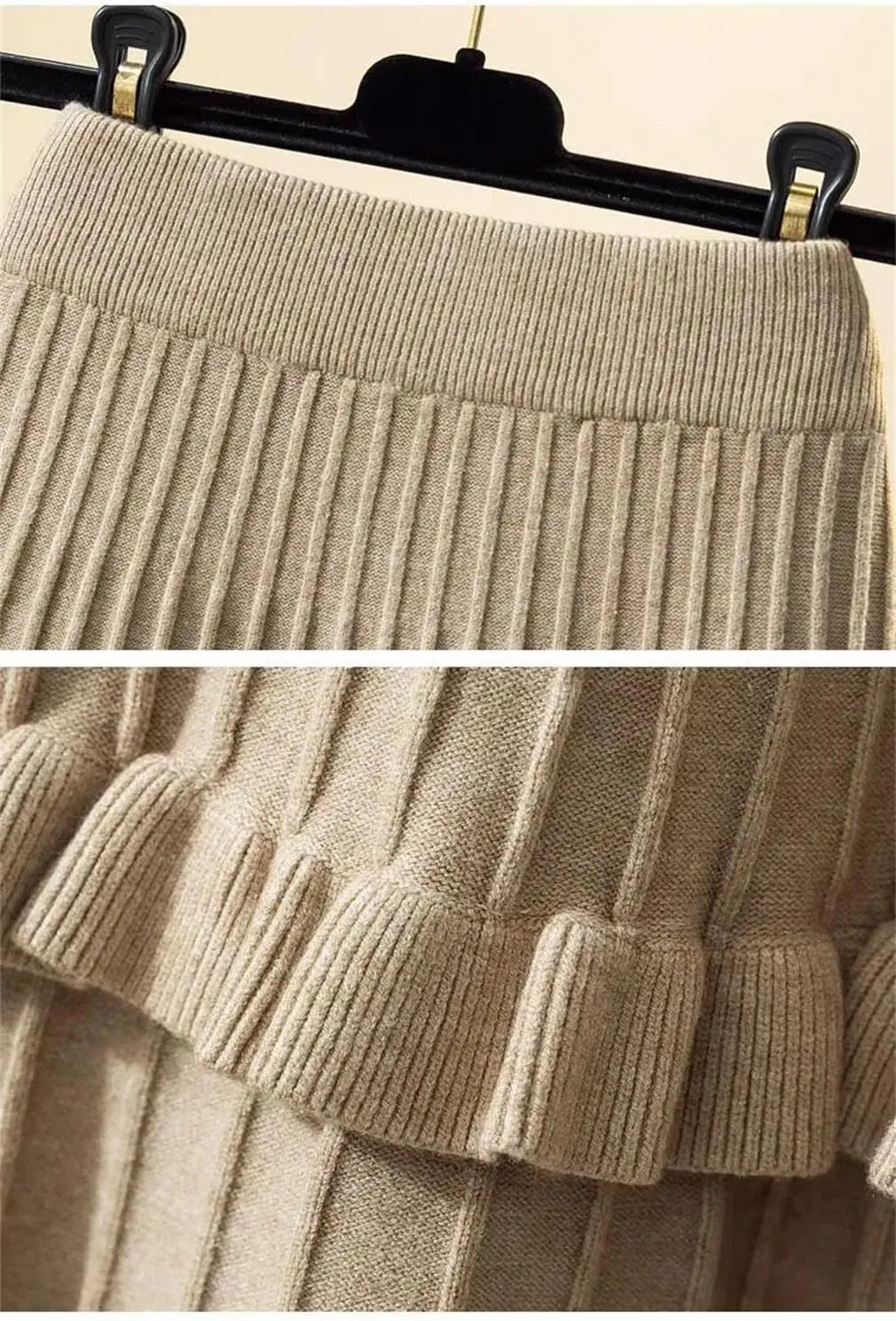 Spring Women Solid Elastic High Waist Ruffles Slim A-Line Knitted Pleated Skirt