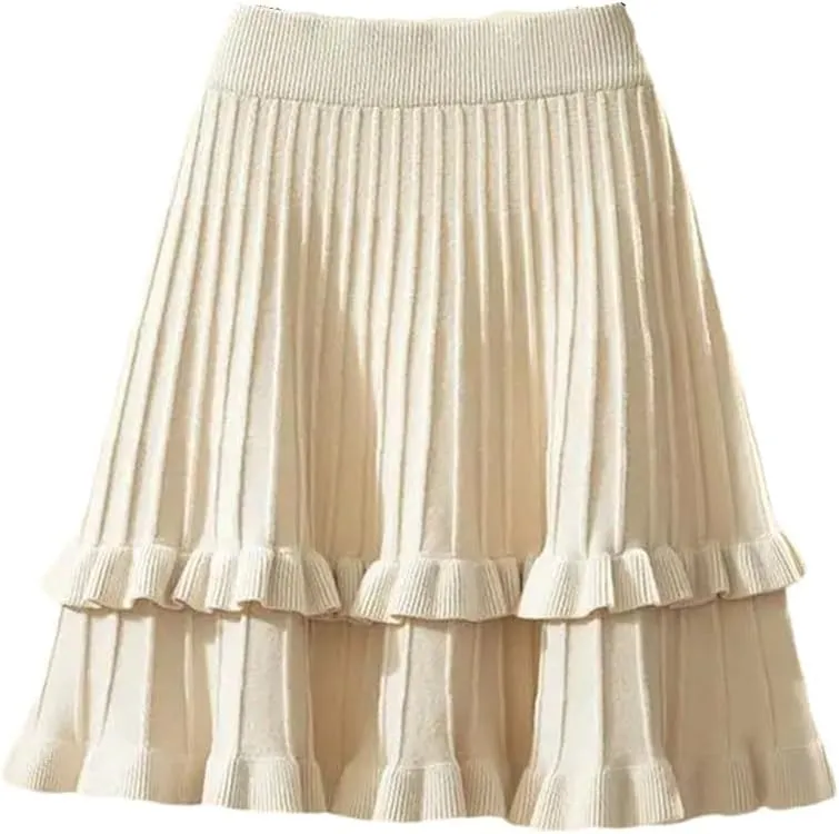 Spring Women Solid Elastic High Waist Ruffles Slim A-Line Knitted Pleated Skirt