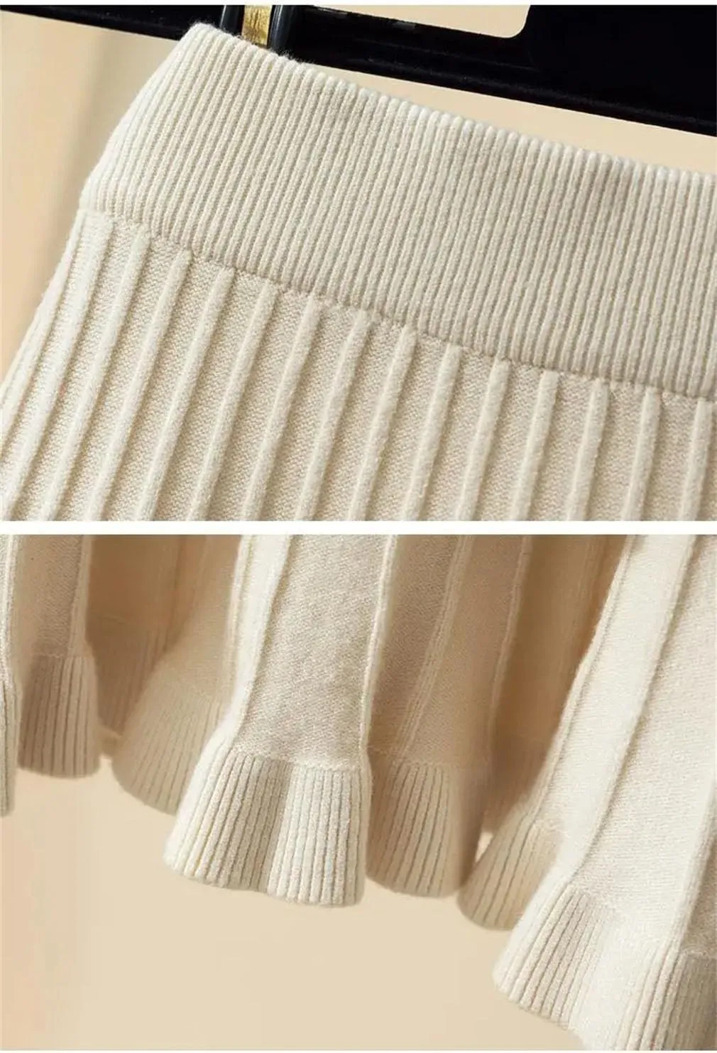 Spring Women Solid Elastic High Waist Ruffles Slim A-Line Knitted Pleated Skirt