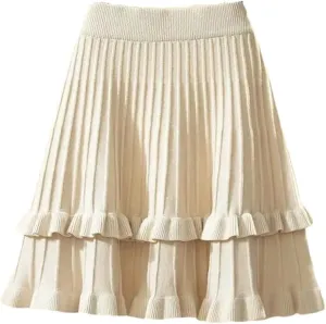 Spring Women Solid Elastic High Waist Ruffles Slim A-Line Knitted Pleated Skirt