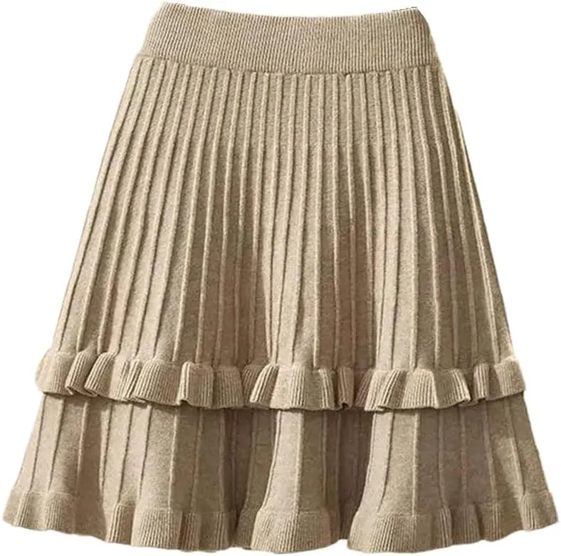 Spring Women Solid Elastic High Waist Ruffles Slim A-Line Knitted Pleated Skirt