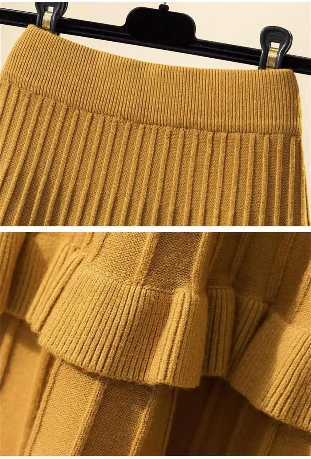 Spring Women Solid Elastic High Waist Ruffles Slim A-Line Knitted Pleated Skirt