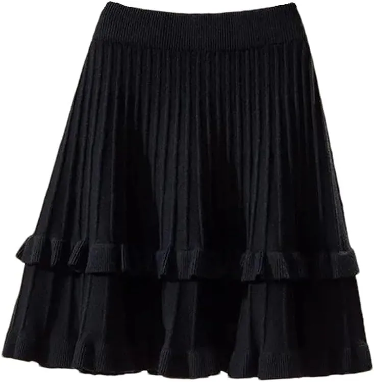 Spring Women Solid Elastic High Waist Ruffles Slim A-Line Knitted Pleated Skirt