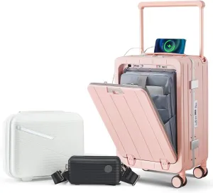 Streamlined Travel with 20-Inch Carry-On Luggage, Lightweight Hard Shell, Front Opening Compartment, Aluminum Frame, Pink