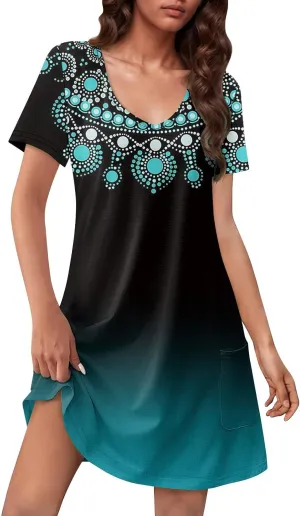 Summer Dresses for Women V Neck Swimsuit Coverup Floral Sundresses Casual Short Sleeve T Shirt Dress Loose with Pockets