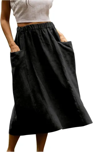 Summer Skirts for Women 2025 Trendy Soft Elastic Waisted Linen Skirt Midi Length Flowy Pleated Beach Maxi Skirt