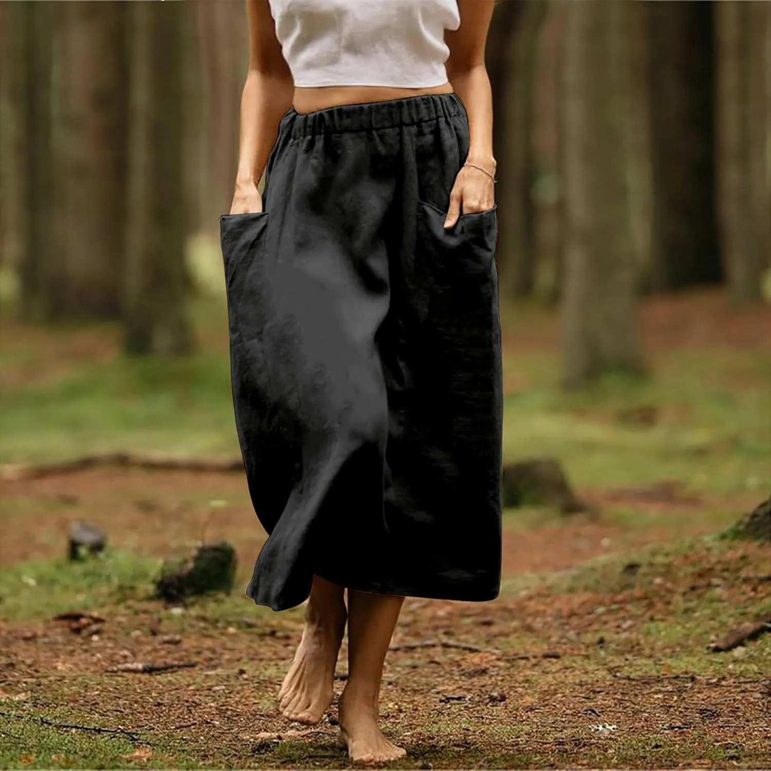 Summer Skirts for Women 2025 Trendy Soft Elastic Waisted Linen Skirt Midi Length Flowy Pleated Beach Maxi Skirt