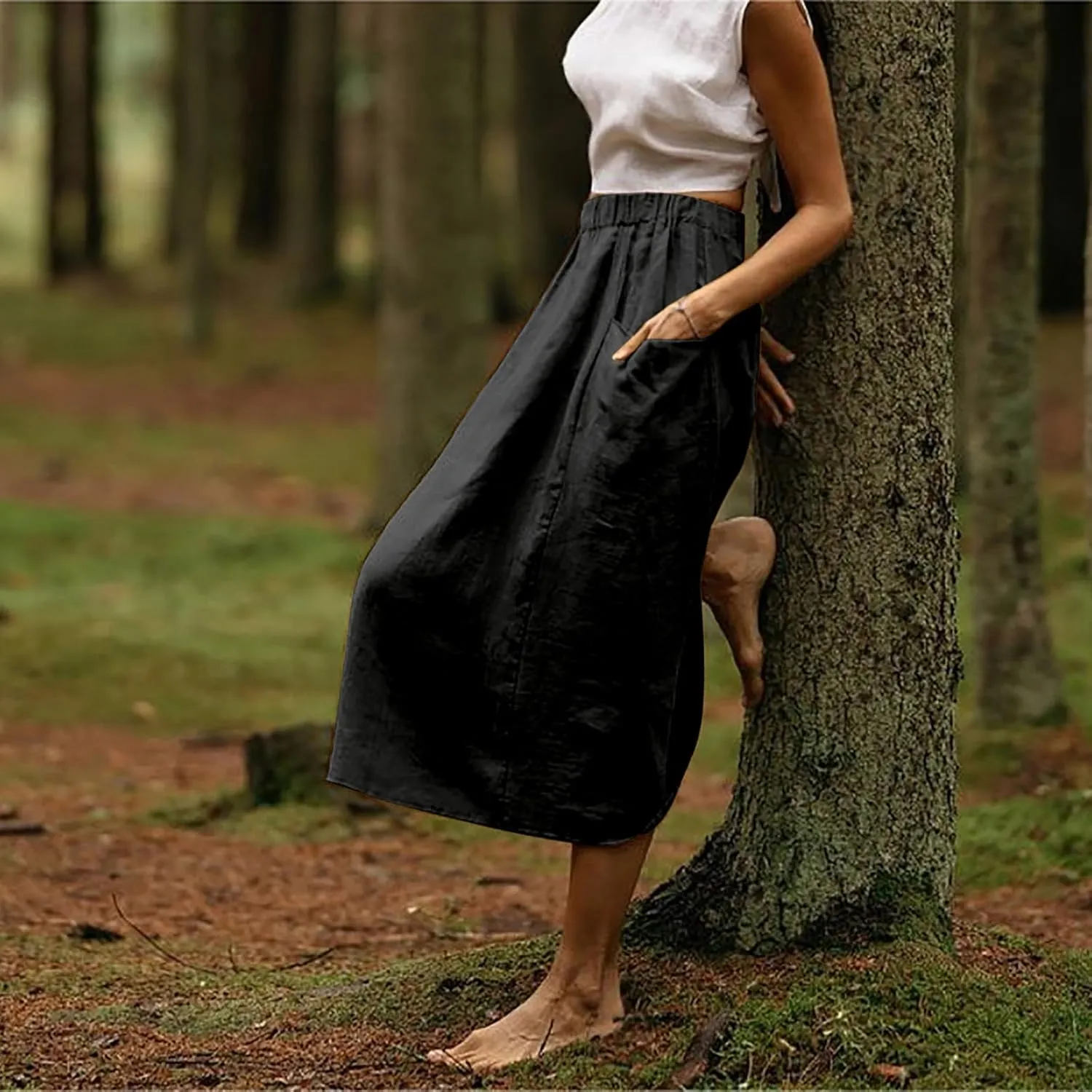 Summer Skirts for Women 2025 Trendy Soft Elastic Waisted Linen Skirt Midi Length Flowy Pleated Beach Maxi Skirt
