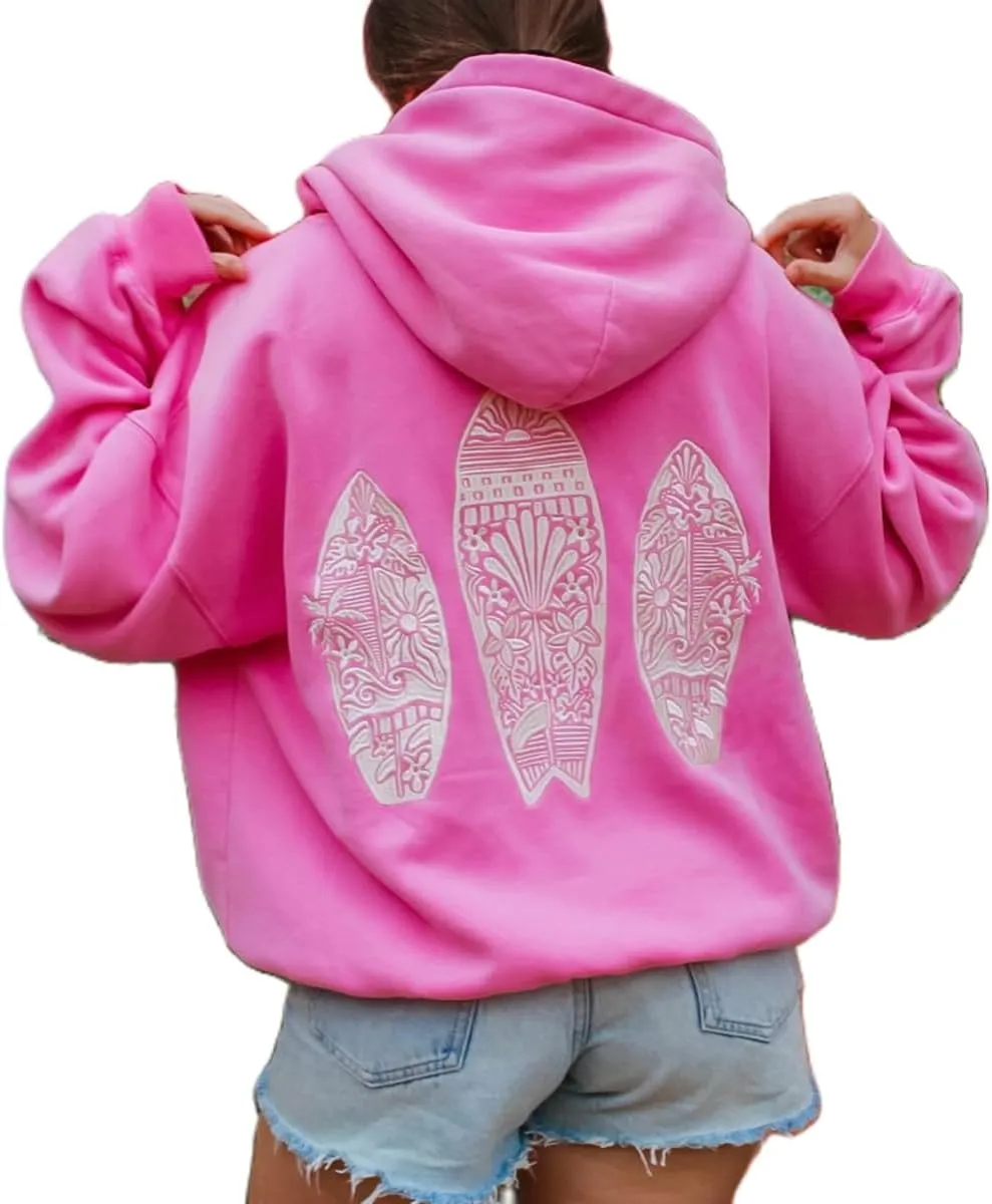 Surfing Graphic Hoodies for Women Y2K Long Sleeve Oversized Sweatshirt Teen Girls Preppy Pullover Sweater Hooded