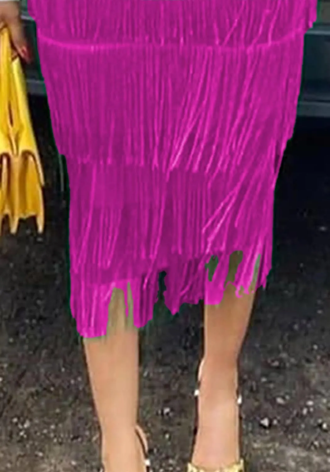 Tcremisa Women's Fringe Skirt High Waist Tassels Skirt Solid Stretchy Club Party Midi Skirts