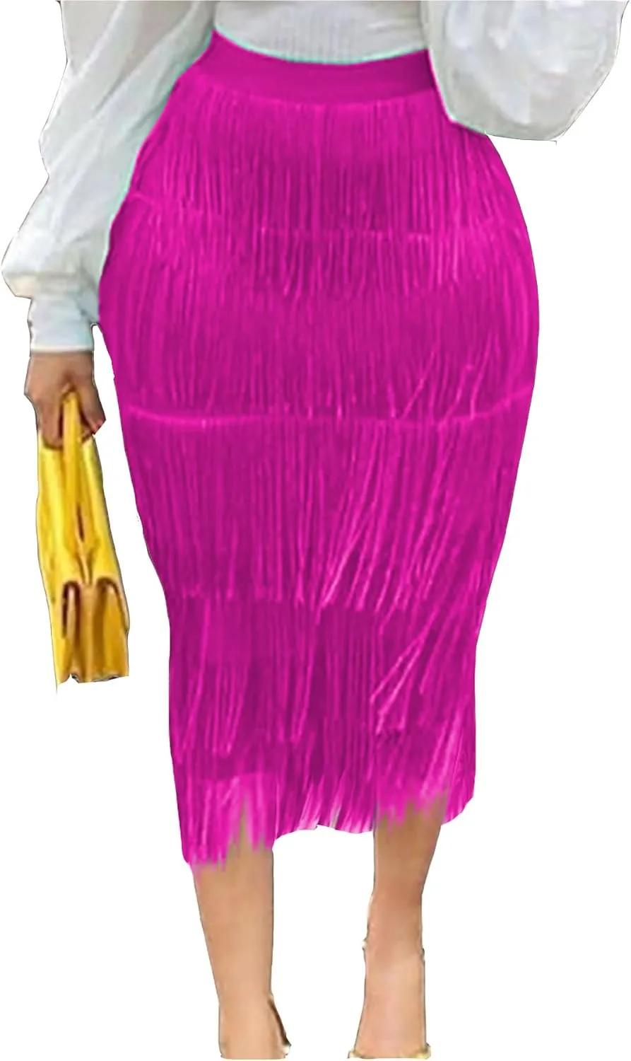 Tcremisa Women's Fringe Skirt High Waist Tassels Skirt Solid Stretchy Club Party Midi Skirts