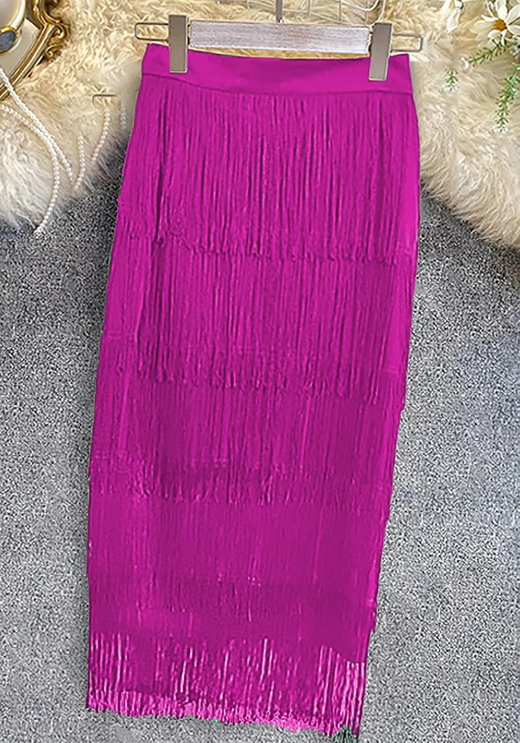 Tcremisa Women's Fringe Skirt High Waist Tassels Skirt Solid Stretchy Club Party Midi Skirts