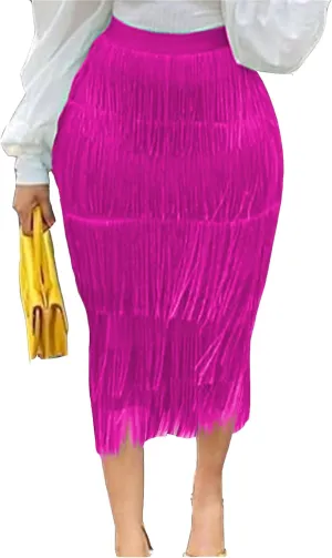 Tcremisa Women's Fringe Skirt High Waist Tassels Skirt Solid Stretchy Club Party Midi Skirts