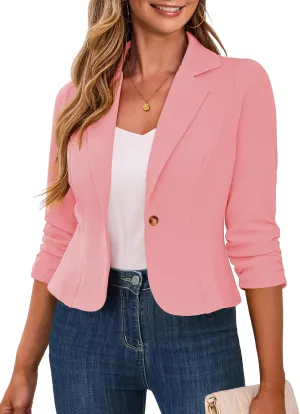 Traleubie Women's Cropped Blazers 3/4 Ruched Sleeve Lightweight Office Wear Short Blazer with Button, S-XL