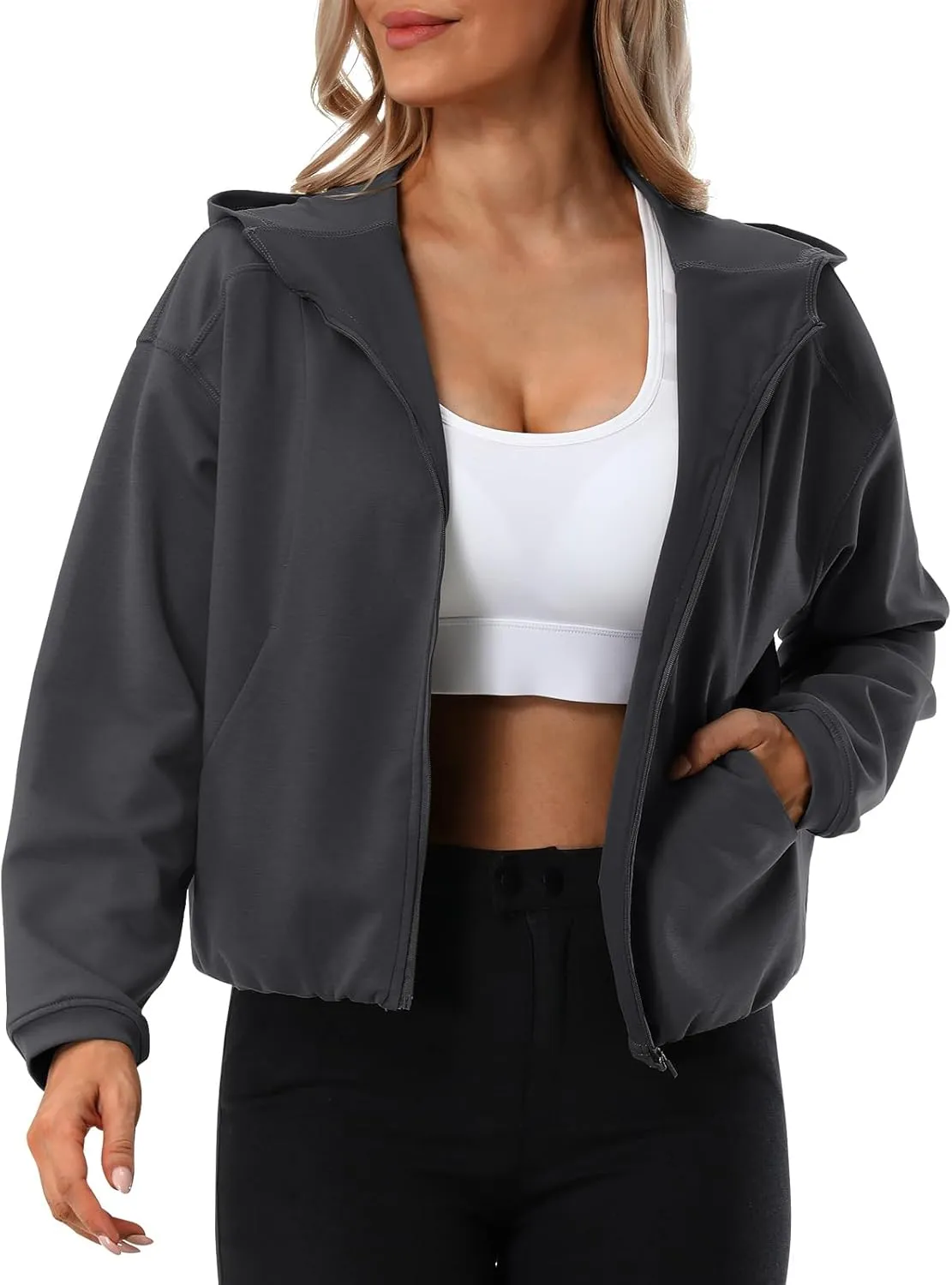 Turnhier Womens Zip Up Hoodies Long Sleeve Cropped Sweatshirts Jackets Casual Fall Outfits Winter Clothes with Pockets