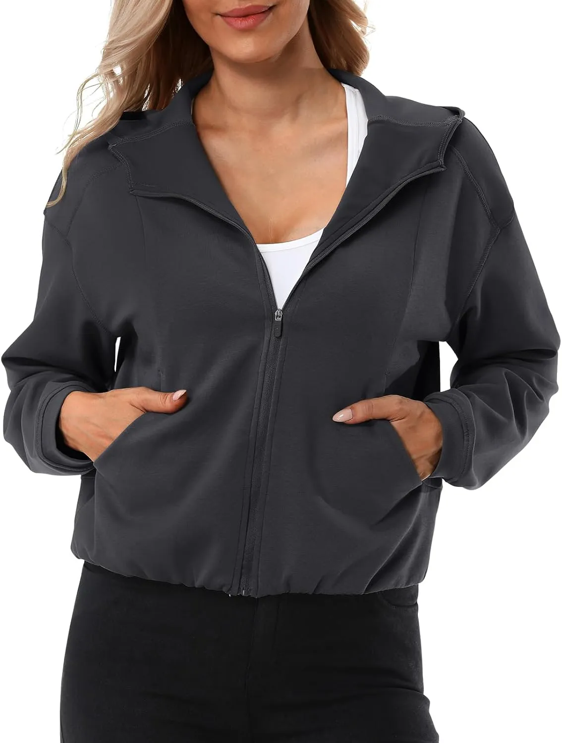 Turnhier Womens Zip Up Hoodies Long Sleeve Cropped Sweatshirts Jackets Casual Fall Outfits Winter Clothes with Pockets