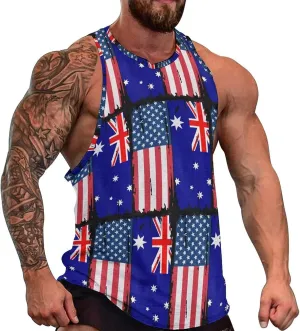 U.S.A And Australian Flag Men's Activewear Tank Tops Gym Sleeveless Muscle T Shirts Workout Tees Vest