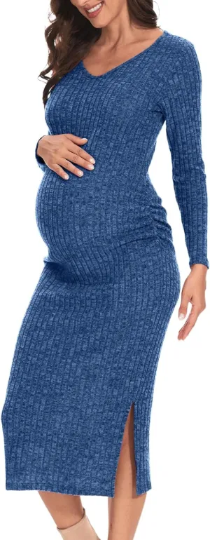 V Neck Side Ruch Knit Ribbed Maternity Bodycon DressMaternity Dress for Baby Shower