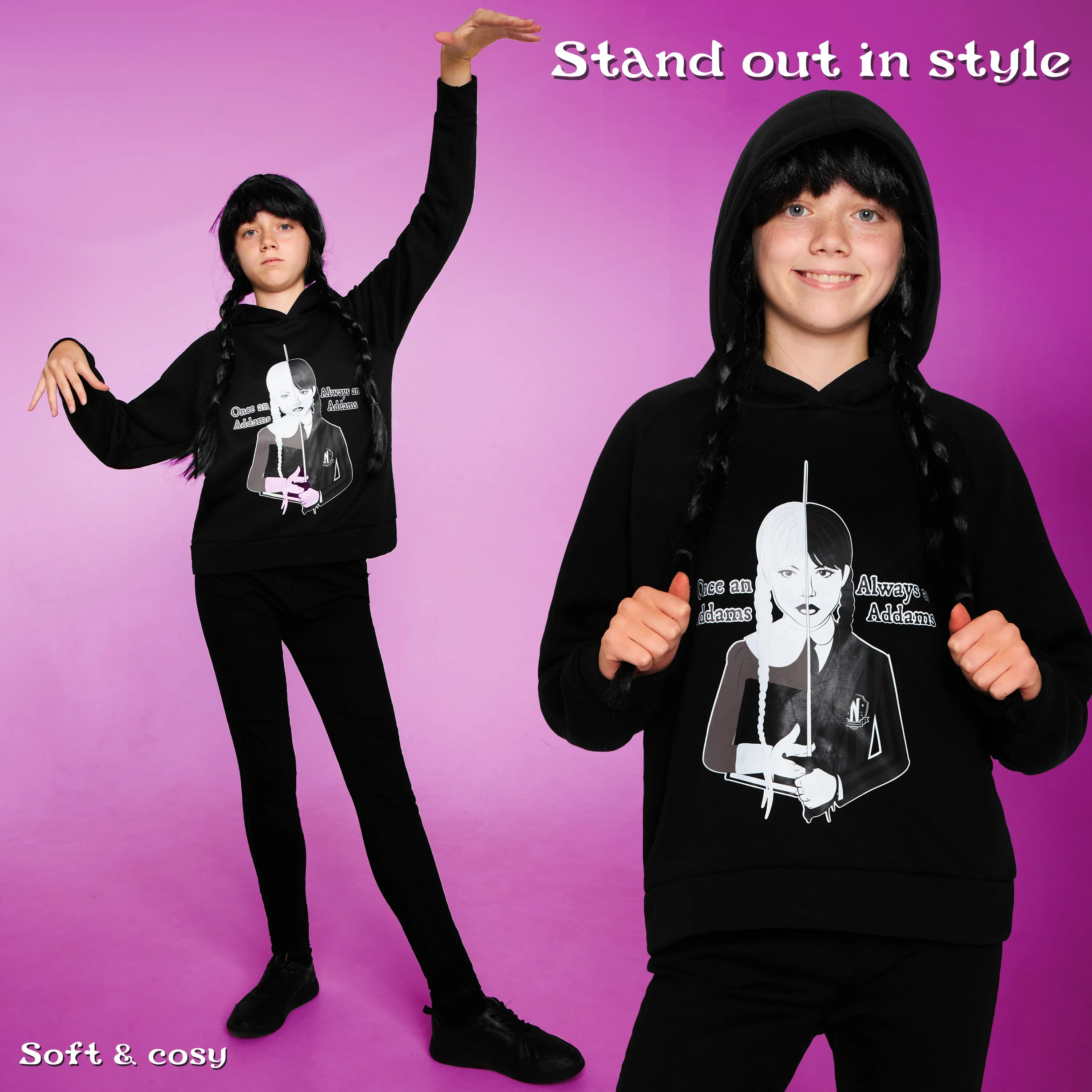 Wednesday Girls Hoodie - Hooded Sweatshirt for Girls - Black/Addams