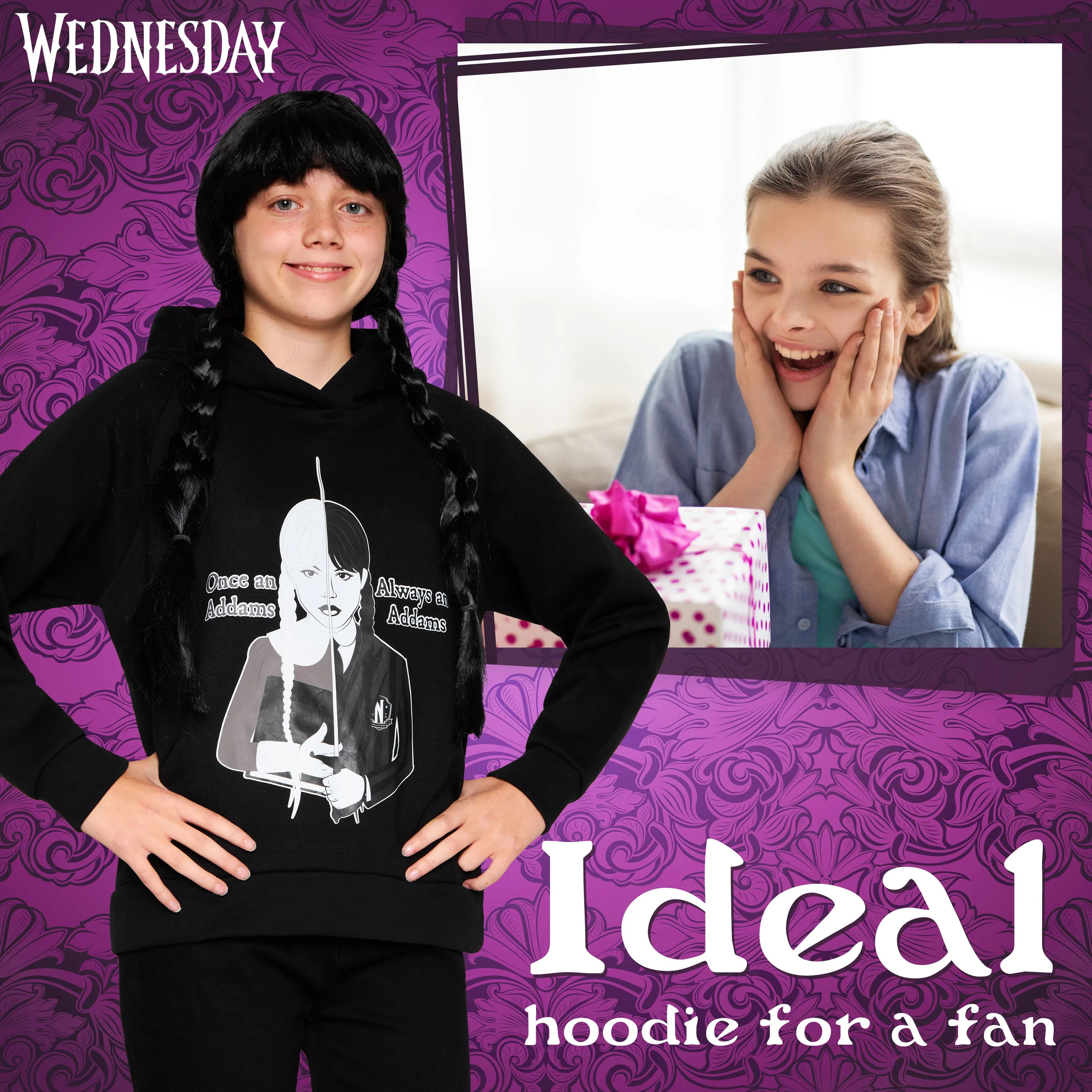Wednesday Girls Hoodie - Hooded Sweatshirt for Girls - Black/Addams