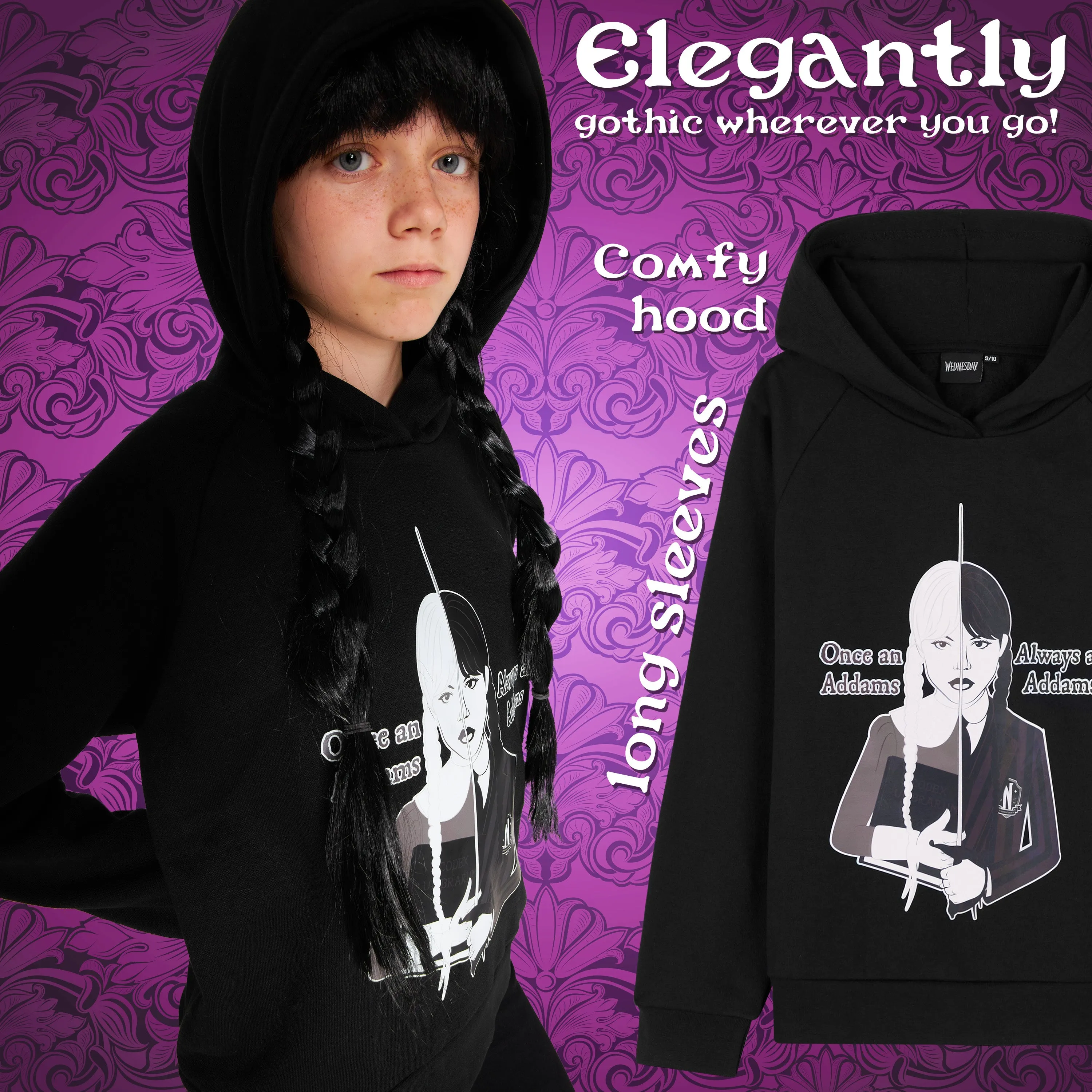 Wednesday Girls Hoodie - Hooded Sweatshirt for Girls - Black/Addams