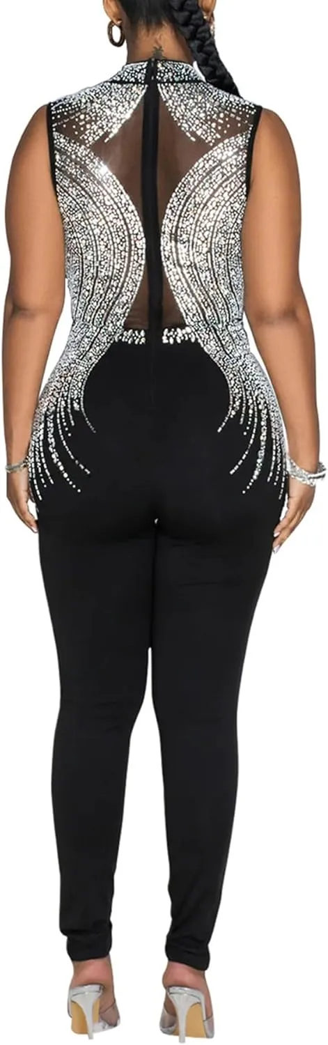 Women Sexy Embellished Rhinestone Bodycon Jumpsuit Mesh See Through Patchwork Birthday Party Night Out Clubwear