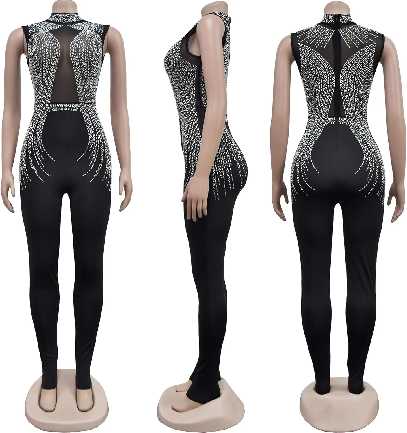 Women Sexy Embellished Rhinestone Bodycon Jumpsuit Mesh See Through Patchwork Birthday Party Night Out Clubwear