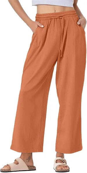 Womens Casual Linen High Waist Pants Drawstring Waist Loose Fit Summer Pants Beach Trousers Outfits