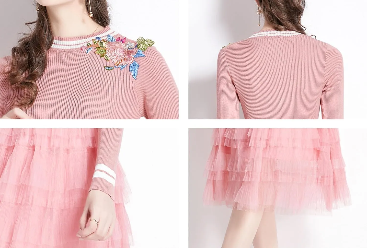 Women's Crewneck Embroidered Sweater Knit Tops Mesh Pleated Skirt Long Sleeve Midi Dress