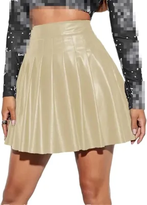 Women's Faux Leather Skirt High Waist A-Line Loose Hem Pleated Skirt for Clubwear Parties