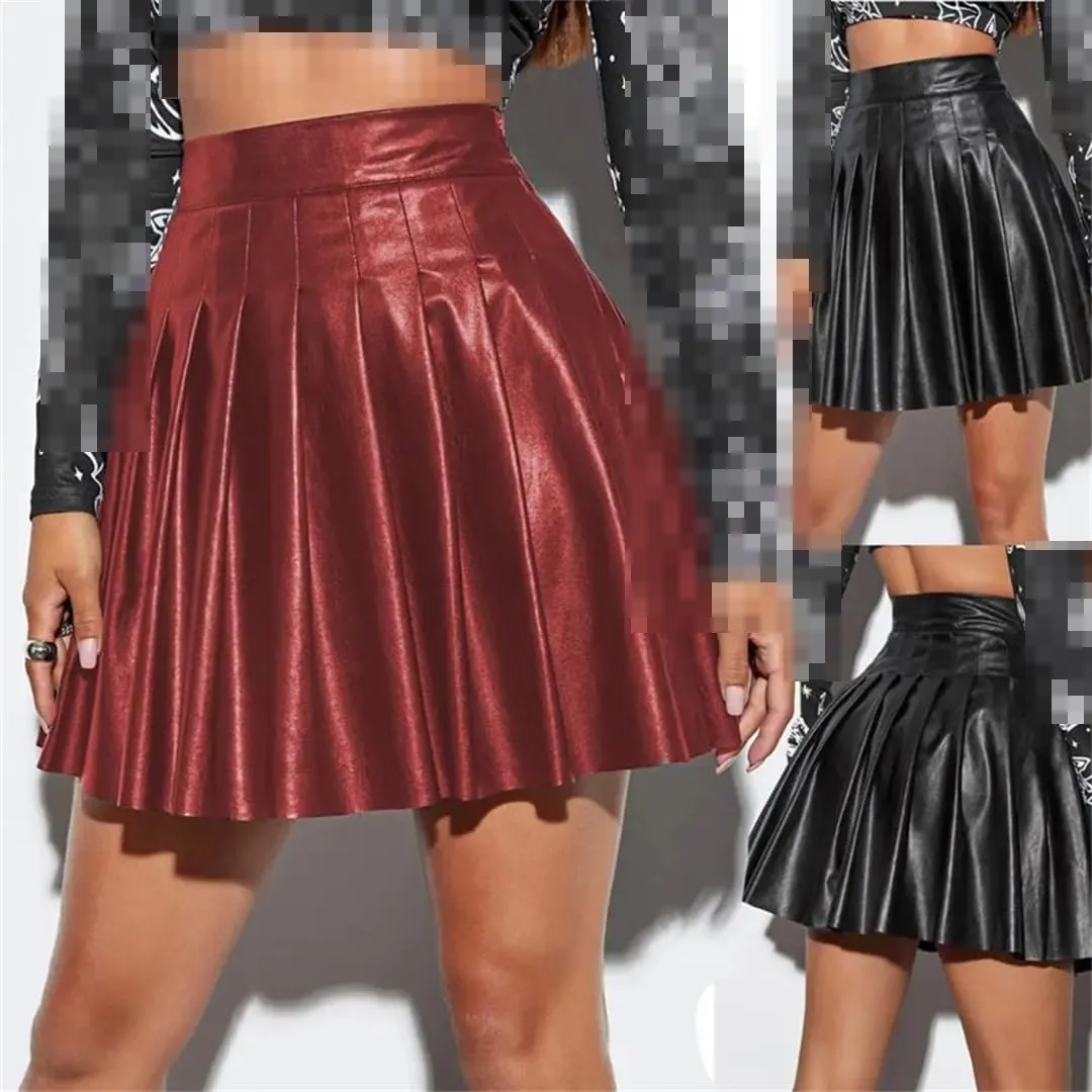 Women's Faux Leather Skirt High Waist A-Line Loose Hem Pleated Skirt for Clubwear Parties