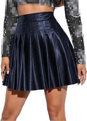 Women's Faux Leather Skirt High Waist A-Line Loose Hem Pleated Skirt for Clubwear Parties