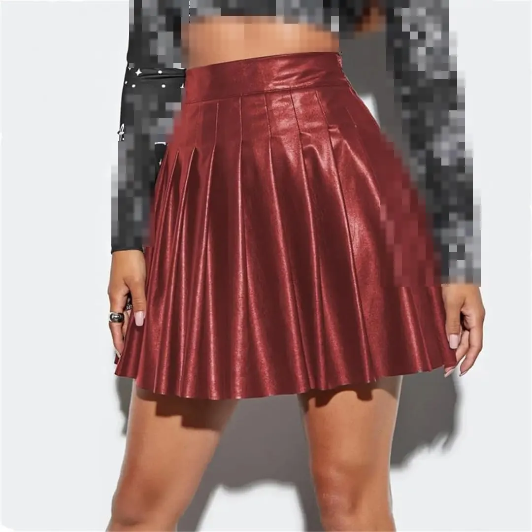 Women's Faux Leather Skirt High Waist A-Line Loose Hem Pleated Skirt for Clubwear Parties