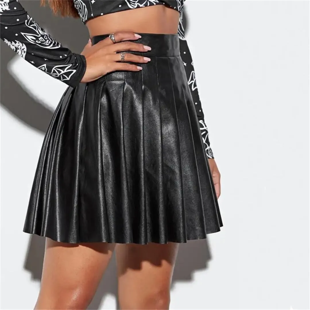 Women's Faux Leather Skirt High Waist A-Line Loose Hem Pleated Skirt for Clubwear Parties